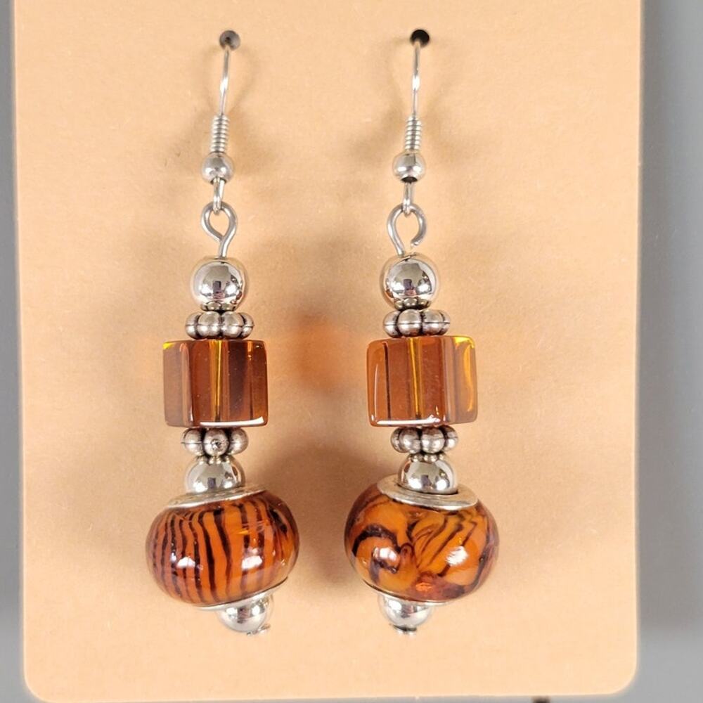 Brown Glass Bead Dangle Earrings Pierced Silver Tone Boho Drop Jewelry Gift Bag